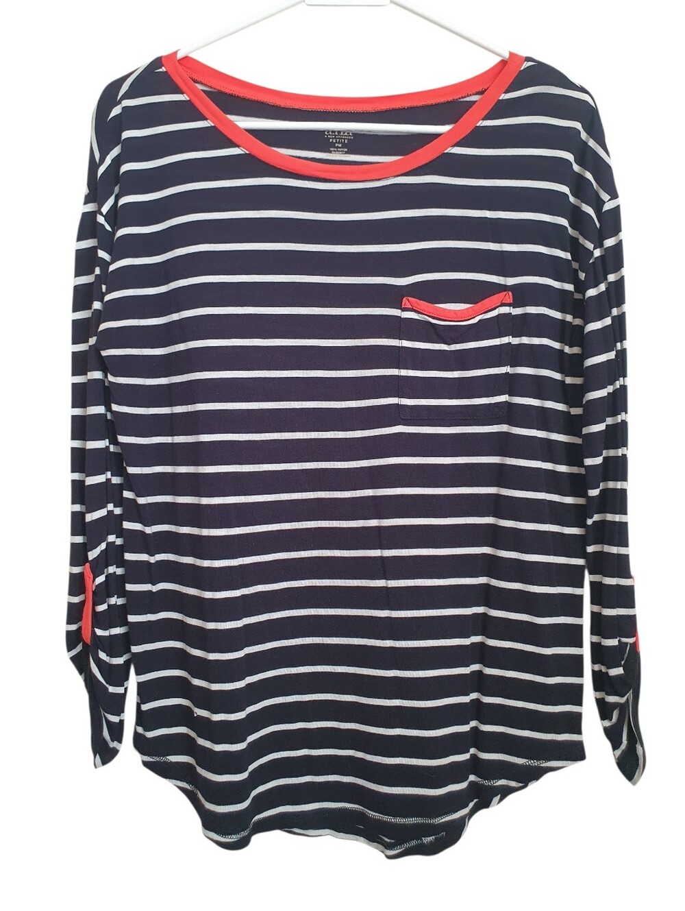 Ana A New Approach Women's Navy Blue/White Striped Sleeve Tabs Petite PM